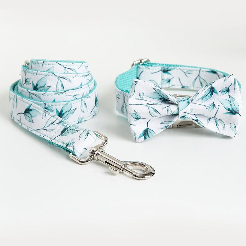 Tropical Leaf Bow Tie Dog Collar Leash Set