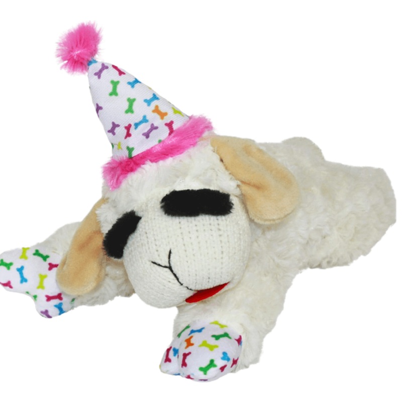 Multipet Lamb Chop with Birthday Hat Plush Dog Toy, Pink Medium