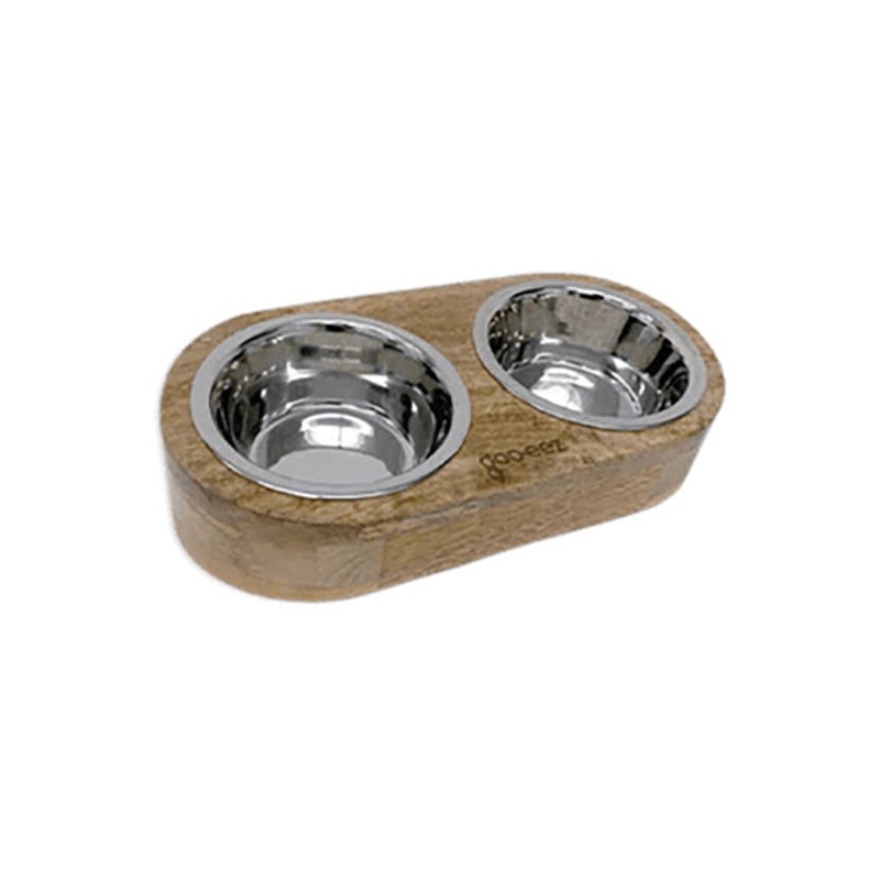 Goo-eez - Inclined Double Bowl Mango Wood Feeder/Mangeoire incline en bois de manguier  double bol