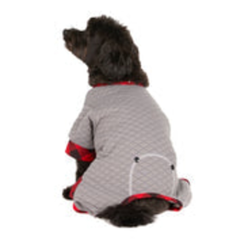 Hotel Doggy - Quilted Titanium Onesie with Buffalo Check Plush Cuffs