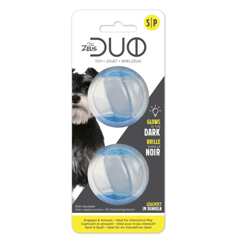 Zeus Duo Ball, 5cm with Squeaker & Glow 2pk