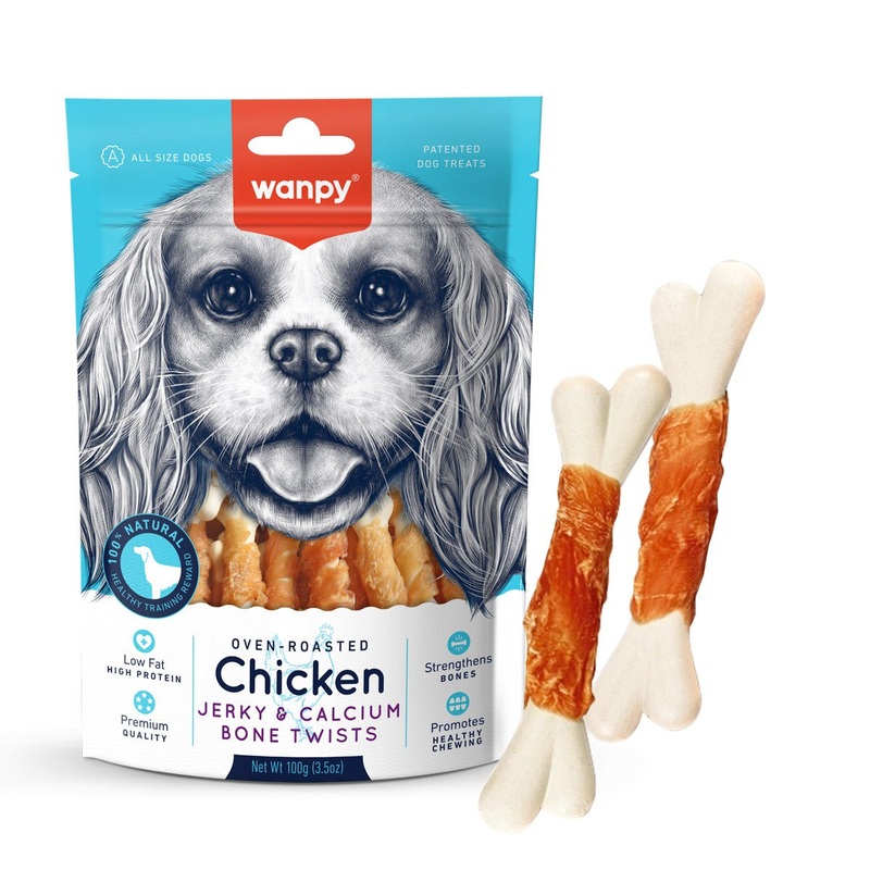 Wanpy Chicken Jerky and Calcium Bone Twists Dog Treats - 100g