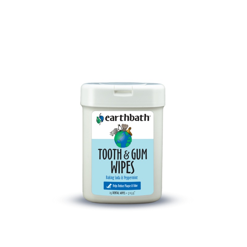 earthbath Tooth & Gum Wipes, Peppermint & Baking Soda for Dogs, Cats, Puppies & Kittens, 25 ct re-sealable package