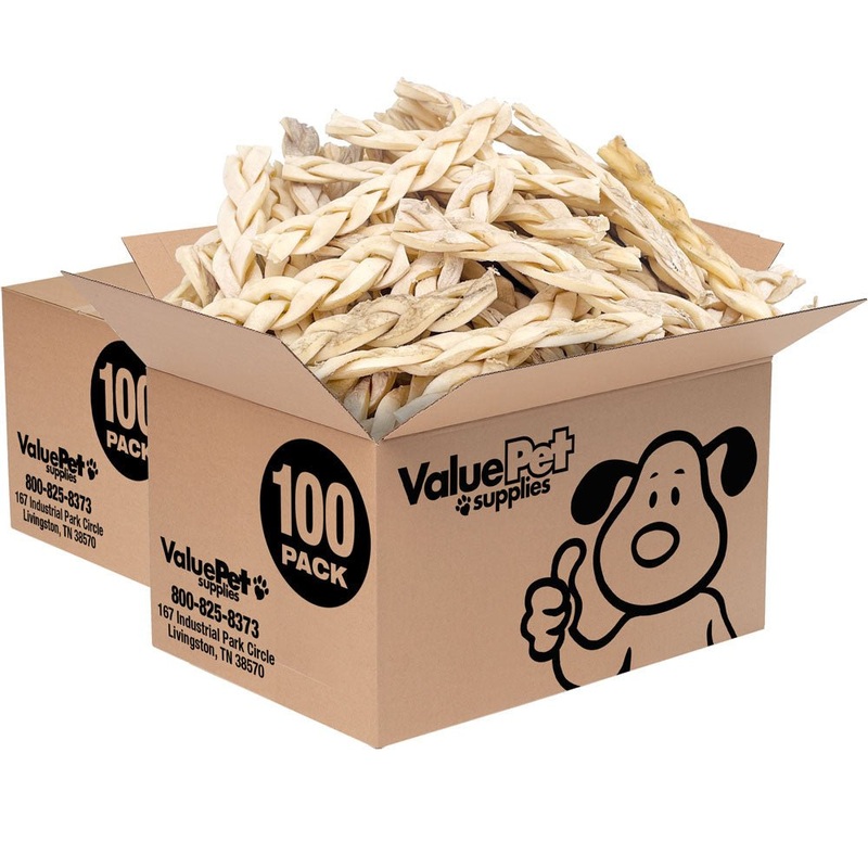 ValueBull Beef Cheek Braids, Long Lasting Dog Chews, 5-6 Inch, 200 Count Bulk Pack