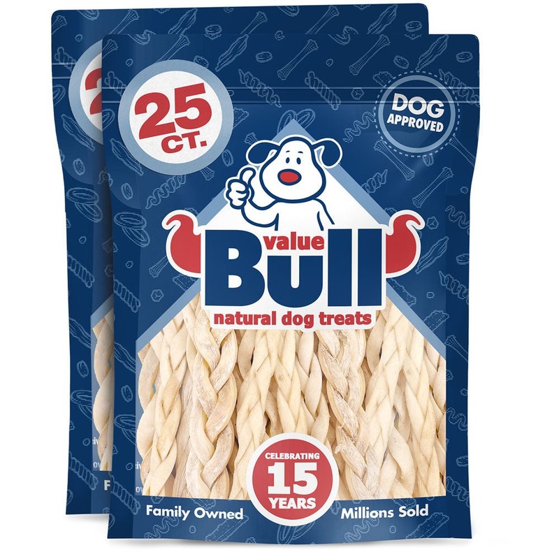 ValueBull Beef Cheek Braids, Long Lasting Dog Chews, 5-6 Inch, 50 Count