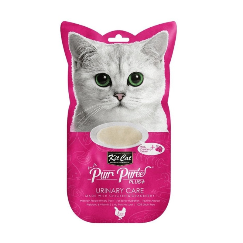kit cat purr pures plus+ soin urinaire avec poulet et canneberge gterie pour chat 4 x 15gm