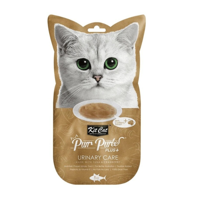 kit cat purr pures plus+ soin urinaire avec thon et canneberge gterie pour chat 4 x 15gm