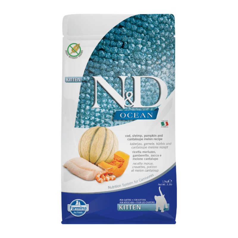 Nourriture pour chaton Farmina N&d Ocean Sans Grains Morue, Crevettes, Citrouille & Cantaloupe