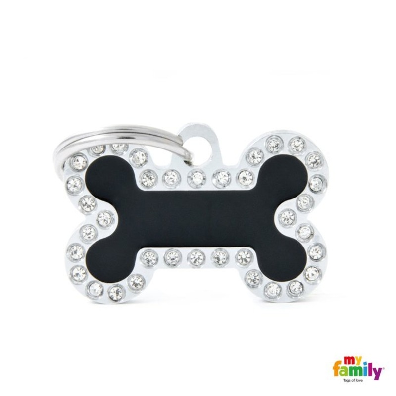 Mdaille pour chiens - Collection Glam Petit Os Noir Strass