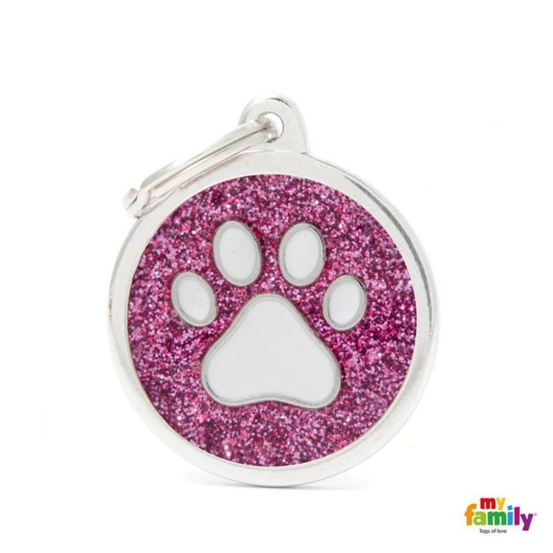 Mdaille pour chiens - Shine Grand Rond Glitter Patte Blanche
