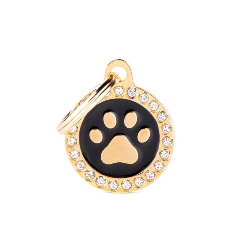 Mdaille pour chiens - Collection Glam Dore Patte Cercle Noir Strass