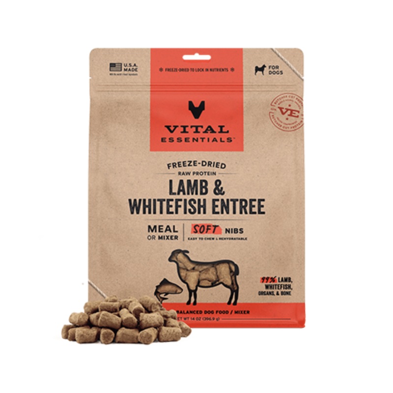 Vital Essentials  Repas ou Mlange de Bouches Tendres  base de Protines Crues Lyophilises : Agneau et Poisson Blanc, 14 oz