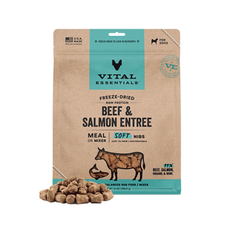 Vital Essentials  Repas ou Mlange de Bouches Tendres  base de Protines Crues Lyophilises : Buf et Saumon, 14 oz
