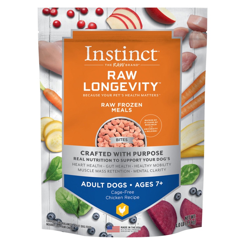 Instinct Raw Longevity Frozen Bites Cage-Free Chicken Adults 7+ Dog Food 4lb