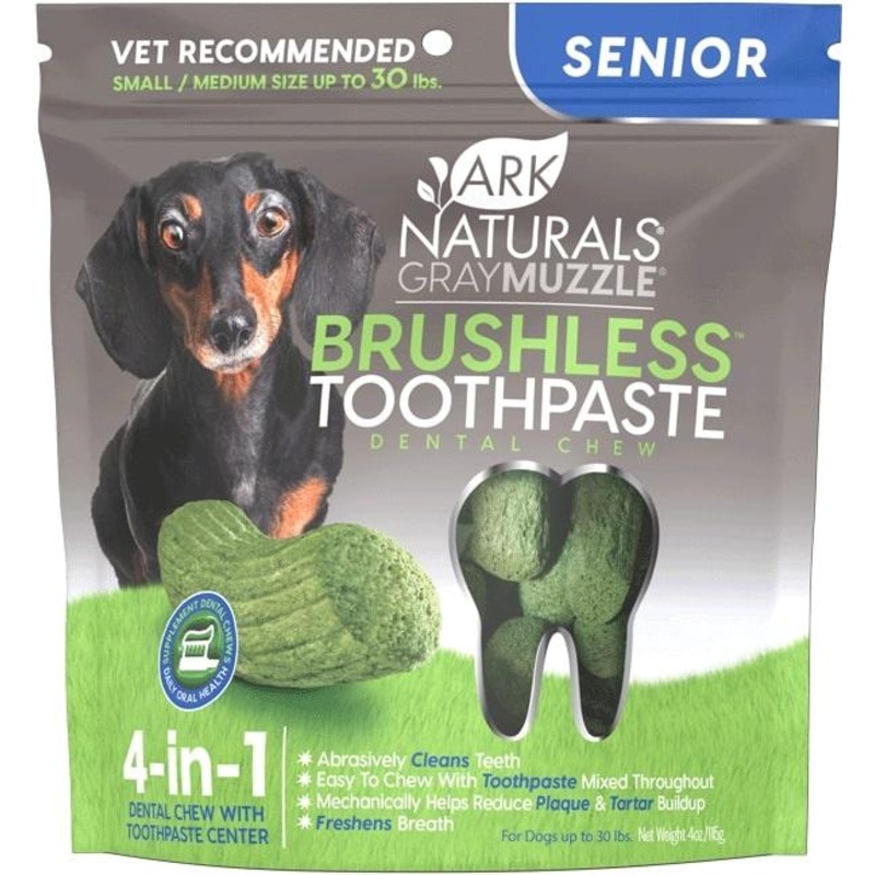 Ark Naturals Gray Muzzle BREATH-LESS Brushless Toothpaste Dental Chews for Senior Dogs