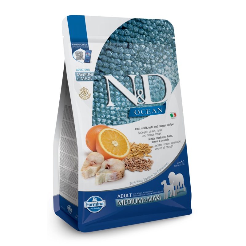 Farmina N&D Ocean Ancestral Grain Cod, Spelt, Oats & Orange Medium & Maxi Adult Dry Dog Food