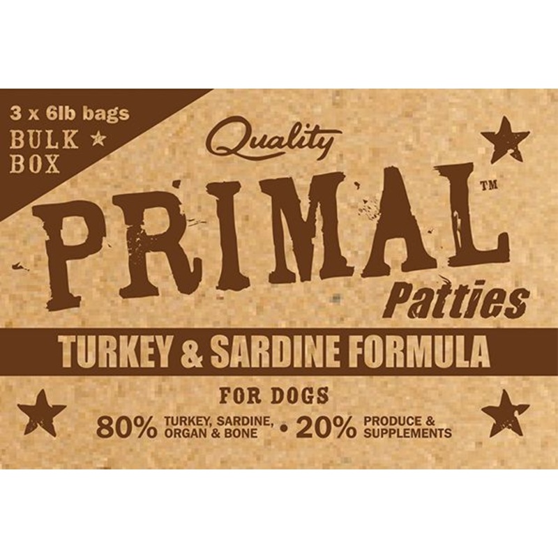 PRIMAL BULK RAW PATTIES : TURKEY & SARDINE FORMULA 18LB BOX