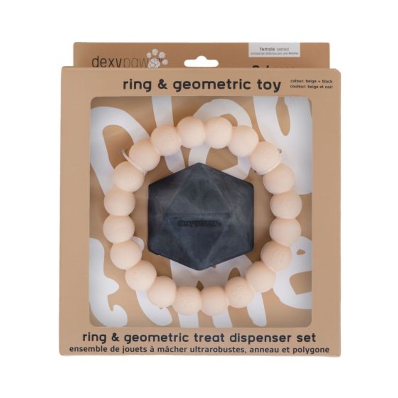 Dexypaws 2 Piece Aggressive Ring and Geometric Treat Dispenser Set, Beige and Black Dog 1pc