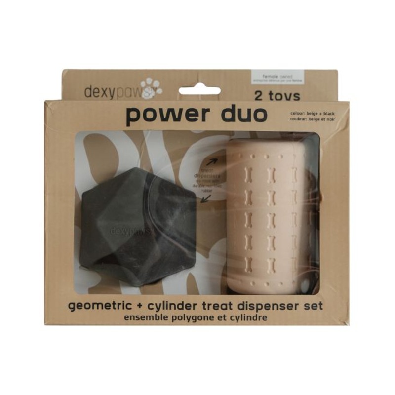 Dexypaws 2 Piece Aggressive Power Duo Geometric and Cylinder Treat Dispencer Set Beige and Black Dog