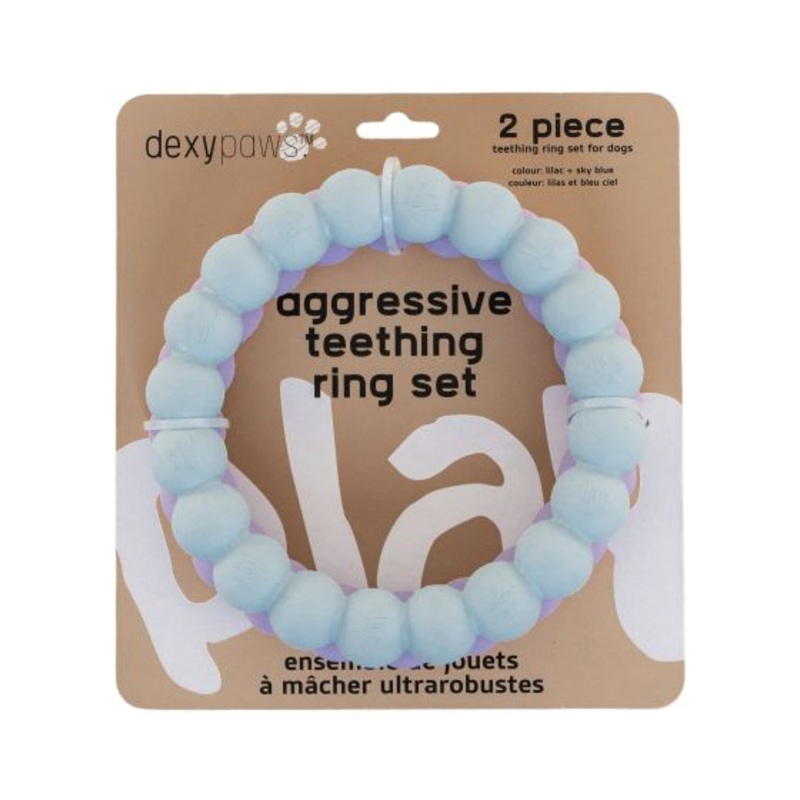 Dexypaws 2 Piece Aggressive Teething Ring Set, Lilac and Sky Blue Dog 1pcSet Beige and Black Dog 1pc