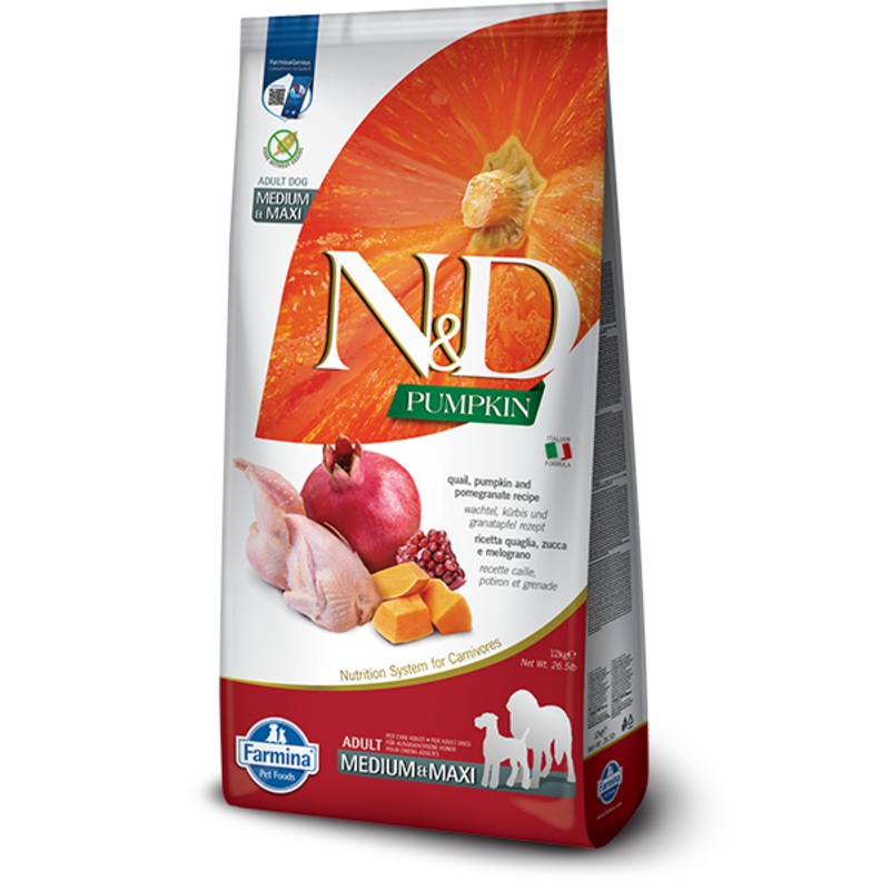 FARMINA N&D PUMPKIN GRAIN FREE - QUAIL & POMEGRANATE ADULT - MEDIUM & MAXI BREEDS