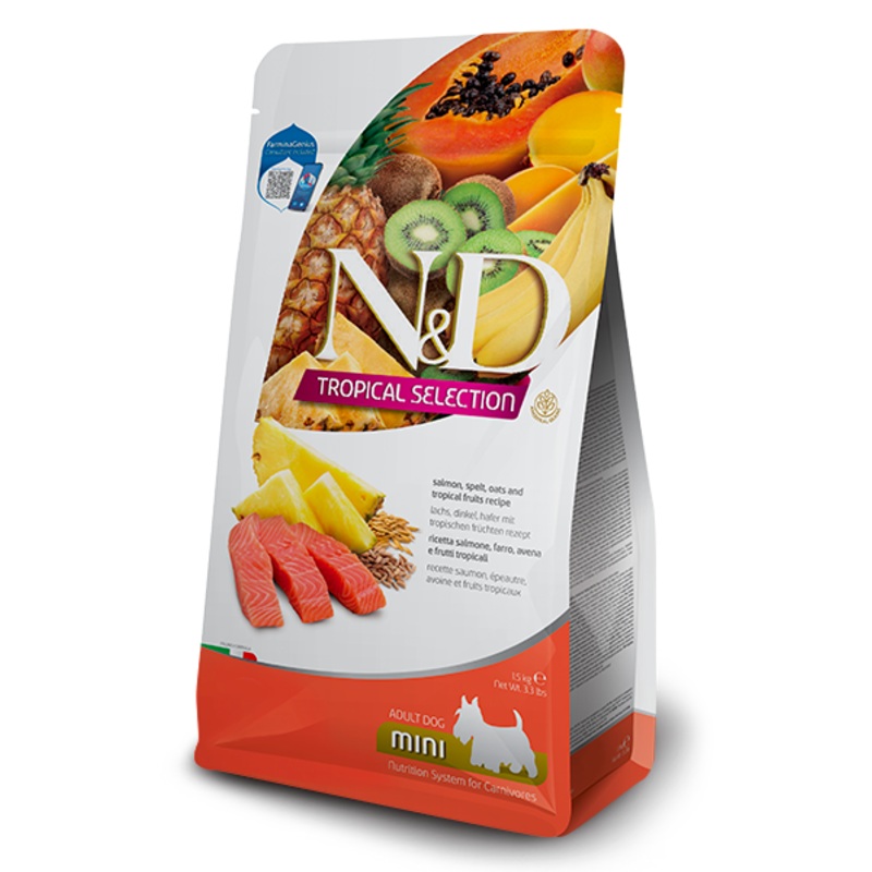 FARMINA N&D TROPICALS - SALMON, SPELT, OATS AND TROPICAL FRUITS ADULT MINI