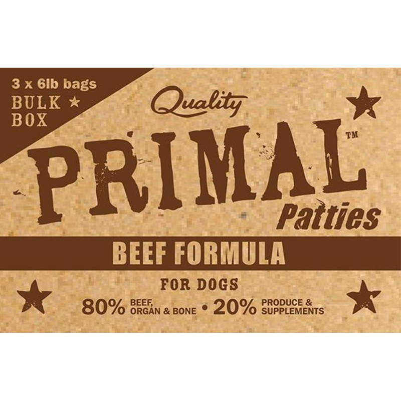PRIMAL BULK RAW PATTIES : BEEF FORMULA 18LB BOX