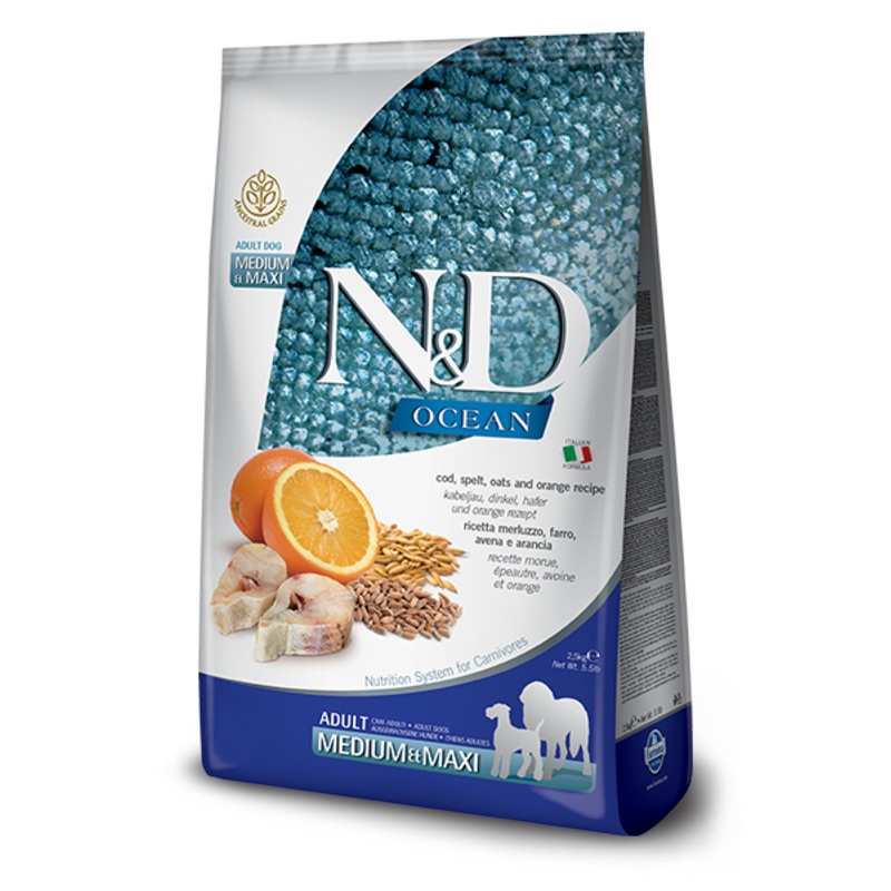 FARMINA N&D OCEAN - COD, SPELT, OATS & ORANGE ADULT MEDIUM & MAXI BREED