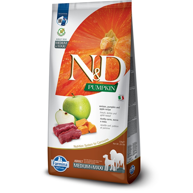 FARMINA N&D PUMPKIN GRAIN FREE - VENISON & APPLE ADULT - MEDIUM & MAXI BREEDS