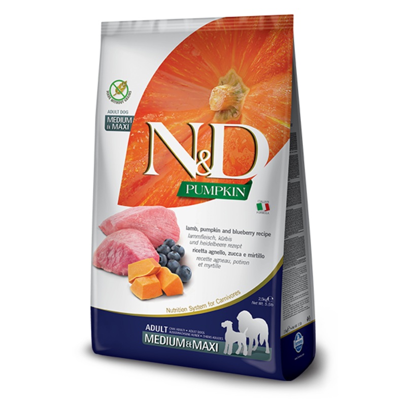 FARMINA N&D PUMPKIN GRAIN FREE - LAMB & BLUEBERRY ADULT - MED & MAXI BREEDS