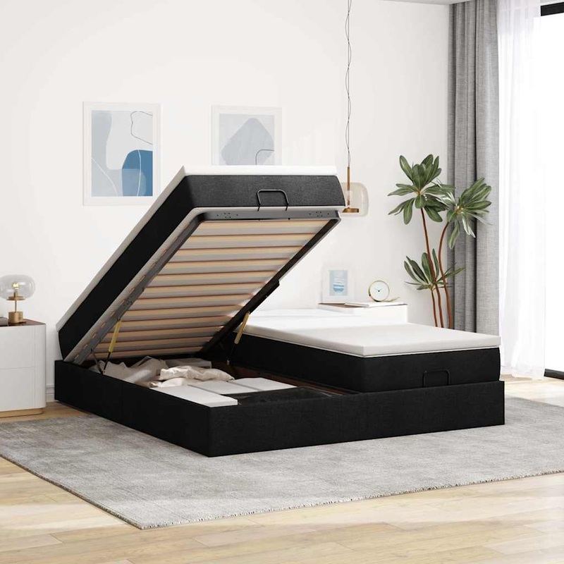 Cadre de lit ottoman avec matelas noir 180x200cm tissu