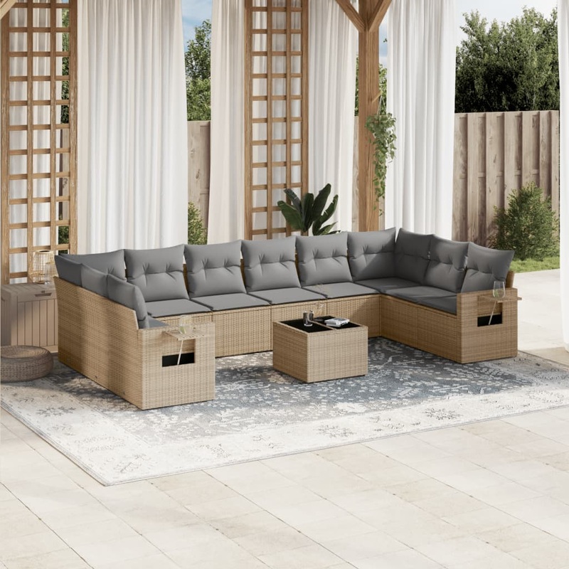 Salon de jardin 11 pcs avec coussins beige rsine tresse